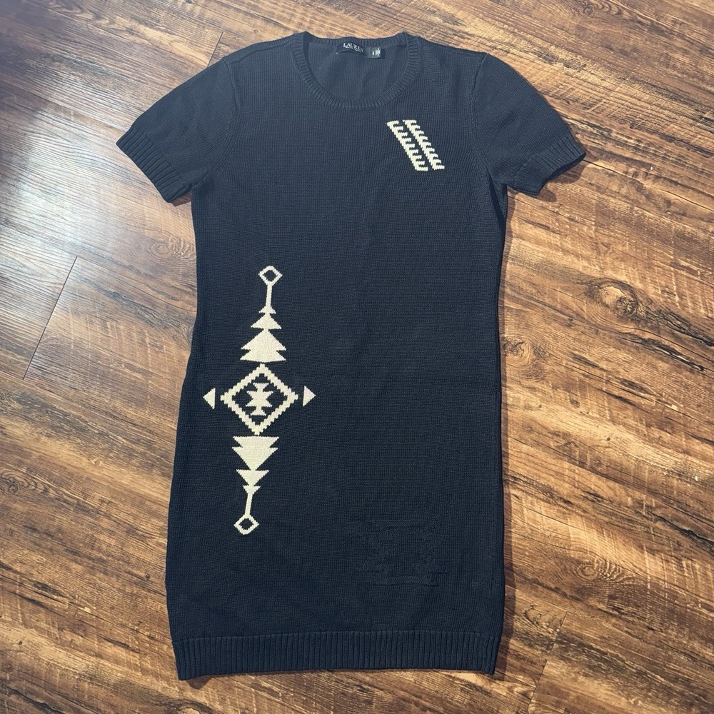 Lauren Ralph Lauren Black Linen Cotton Arrow Print Short Sleeve Knit Dress Large